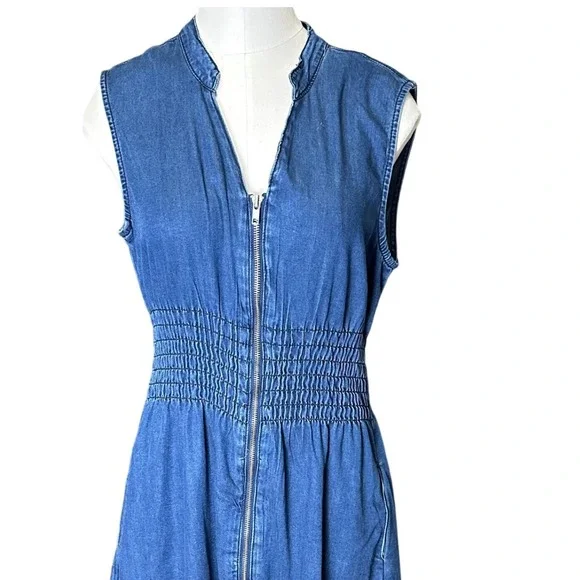 Indigo Poppy Denim Shirtdress Midi Elastic Waist Full Zip Sleeveless Women's M - Picture 2 of 8
